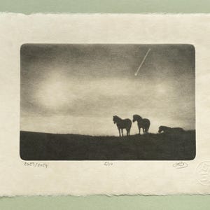May include: Monochrome print of horses on a hillside under a cloudy sky with a shooting star. The artwork is numbered 2/10 and signed. The paper has a deckled edge and is mounted on a light green background.