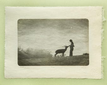 Nara Deer and Woman Photogravure, Original Handmade Etching on Washi, Limited Edition of 10, Signed & Embossed Monochrome Fine Art Print