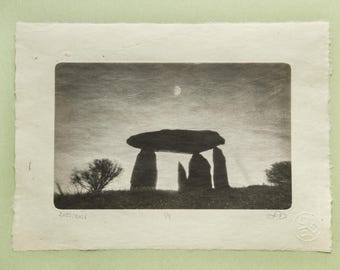 Moonlit Dolmen Photogravure, Original Handmade Etching on Washi, Limited Edition of 9, Signed & Embossed Black and White Fine Art Print