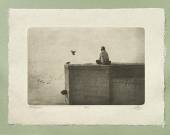Meditating Man on Varanasi Ghats Photogravure, Original Handmade Etching on Washi, Limited Edition of 10, Black and White Fine Art Print