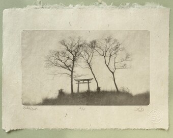 Minimalist Torii Gate Photogravure, Original Handmade Etching on Washi, Limited Edition of 7, Signed & Embossed Monochrome Fine Art Print