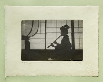 Shakuhachi Player Photogravure, Original Handmade Etching on Washi, Limited Edition of 5, Signed & Embossed Black and White Fine Art Print