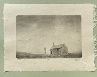 Rural Chapel Photogravure, Original Handmade Etching on Washi, Limited Edition of 7, Signed & Embossed Black and White Fine Art Print