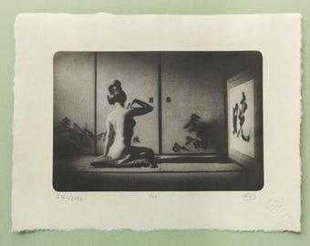 Japanese Woman Body Art Photogravure, Original Handmade Etching on Washi, Limited Edition of 10, Black and White Fine Art Print