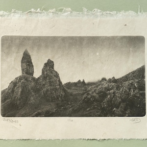 Old Man of Storr Photogravure, Original Handmade Etching on Washi, Limited Edition of 10, Signed & Embossed Black and White Fine Art Print