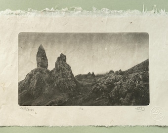 Old Man of Storr Photogravure, Original Handmade Etching on Washi, Limited Edition of 10, Signed & Embossed Black and White Fine Art Print