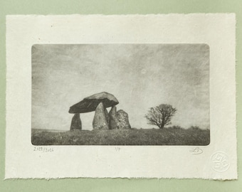 Pentre Ifan Dolmen Photogravure, Original Handmade Etching on Washi, Limited Edition of 7, Black and White Fine Art Print