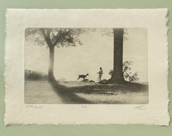 Nara Deer Park Photogravure, Original Handmade Etching on Washi, Limited Edition of 7, Signed & Embossed Black and White Fine Art Print