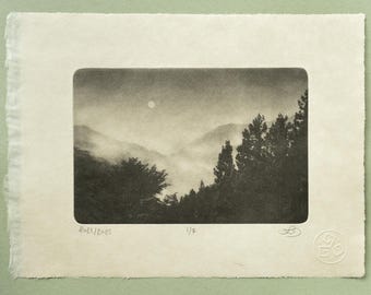 Foggy Mountains Photogravure, Original Handmade Etching on Washi, Limited Edition of 7, Signed & Embossed Black and White Fine Art Print