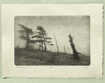Misty Summit Photogravure, Original Handmade Etching on Washi, Limited Edition of 9, Signed & Embossed Black and White Fine Art Print