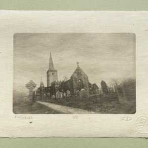 Church and Graveyard – Photogravure, Original Handmade Etching on Washi, Limited Edition of 5, Signed & Embossed Monochrome Fine Art Print