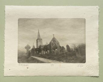 Church and Graveyard – Photogravure, Original Handmade Etching on Washi, Limited Edition of 5, Signed & Embossed Monochrome Fine Art Print