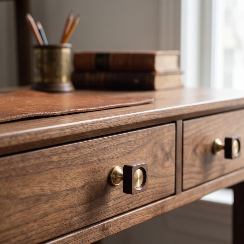 May include: A wooden desk featuring two drawers with square-shaped knobs. Each knob is constructed from dark brown wood with a circular brass centre piece. The desk surface is made of polished wood with a visible grain pattern and smooth finish.