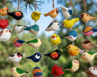 Hand Painted Wooden Bird Ornaments, Hanging Woodland Bird Decor, Rustic Christmas Tree Charm, Cottagecore Gift for Bird Lovers Home