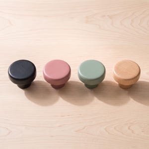 Peut inclure: Quatre boutons de placard circulaires disposés en rangée. Les boutons présentent un dessus lisse et arrondi ainsi qu'une base cylindrique. Les couleurs de gauche à droite sont noir mat, rose poudré, vert sauge et une finition bois clair naturel.