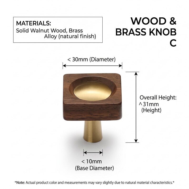 May include: A square walnut wood and brass alloy knob with a circular brass centre inlay. Text includes WOOD & BRASS KNOB C, MATERIALS: Solid Walnut Wood, Brass Alloy, and dimensions: 30mm diameter, 31mm overall height, and 10mm base diameter.