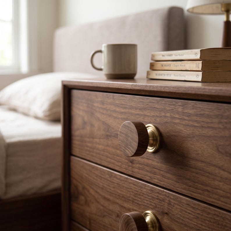 May include: A dark wood bedside cabinet featuring two drawers with circular wooden knobs mounted on brass-toned metal bases. The grain of the wood is visible across the drawer fronts, and the hardware provides a contrast to the dark timber finish.