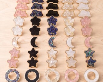 Puxadores decorativos para armários, puxadores de gaveta com incrustações de conchas, puxadores em formato de nuvem, estrela, lua e flor, puxadores para cômoda, ferragens para armários de cozinha, puxadores para móveis.