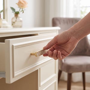 May include: A gold-toned drawer pull with a rectangular, textured, glittery center inlay attached to a cream-colored wooden drawer. The hardware features a smooth metallic frame surrounding the sparkling, light-reflecting decorative insert.