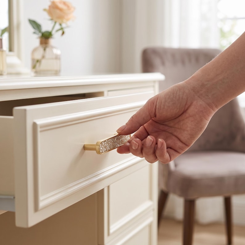 May include: A gold-toned drawer pull with a rectangular, textured, glittery center inlay attached to a cream-colored wooden drawer. The hardware features a smooth metallic frame surrounding the sparkling, light-reflecting decorative insert.