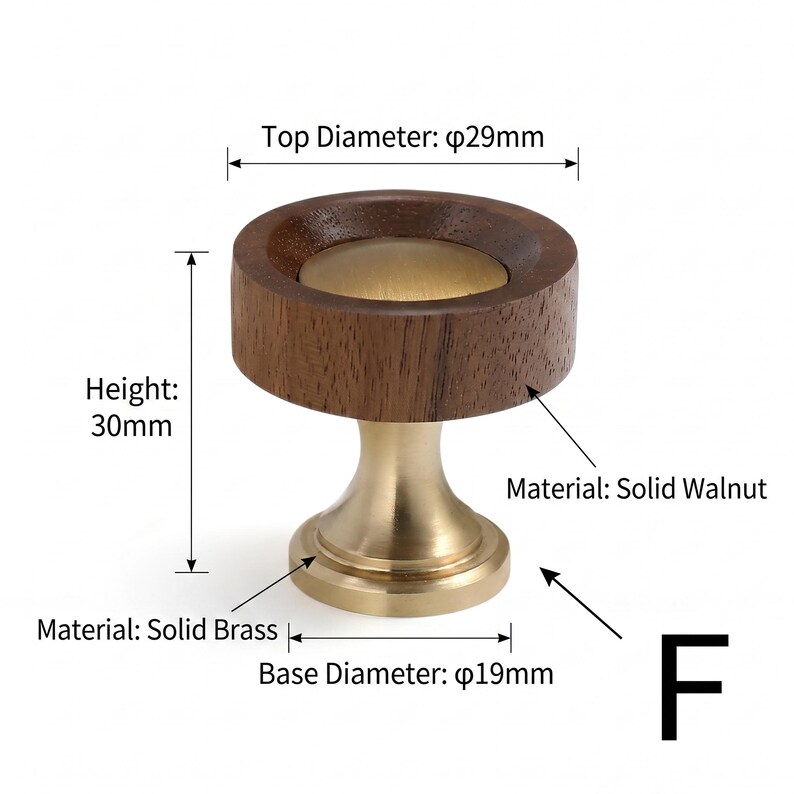 May include: A cabinet knob featuring a circular solid walnut wood top and a solid brass base. The knob has a top diameter of 29mm, a base diameter of 19mm, and a height of 30mm. The design includes a central brass inlay within the wood top.
