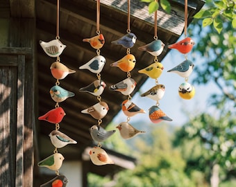 Enfeites de pássaros de madeira pintados à mão, decoração de pássaros para pendurar, pingentes coloridos para árvores de jardim, presente rústico e campestre para amantes de pássaros.