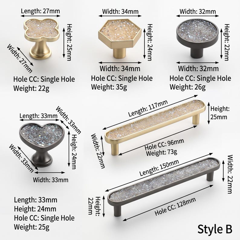 May include: A collection of six cabinet knobs and pulls in gold and dark metal finishes with textured crystal-like inlays. Each item includes printed dimensions in millimeters, weight in grams, and hole spacing specifications labeled as Style B.