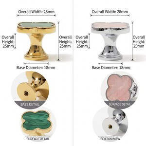 May include: Two clover-shaped cabinet knobs with metal bases. One features a gold finish with a green marbled top, the other a silver finish with a pink marbled top. Each knob has an overall width of 28mm, height of 25mm, and base diameter of 18mm.