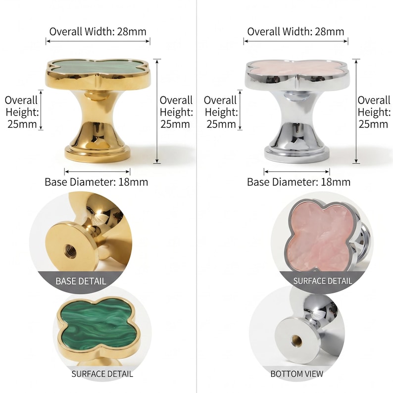 May include: Two clover-shaped cabinet knobs with metal bases. One features a gold finish with a green marbled top, the other a silver finish with a pink marbled top. Each knob has an overall width of 28mm, height of 25mm, and base diameter of 18mm.