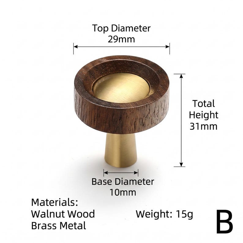 May include: A round cabinet knob featuring a dark brown walnut wood outer ring and a smooth brass metal centre. The knob has a total height of 31mm, a top diameter of 29mm, and a base diameter of 10mm. The item is labelled with the letter B.