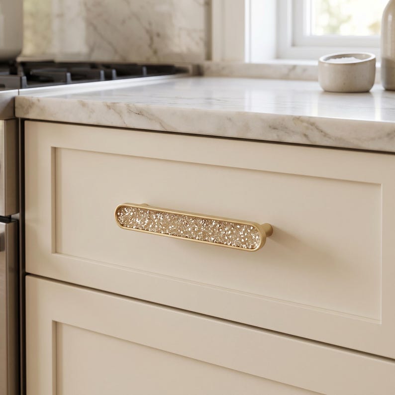 May include: A horizontal drawer pull with a metallic gold finish and a central inlay of clear, textured, crystalline material. The handle is mounted on a cream-colored cabinet drawer featuring a recessed panel design in a kitchen setting.