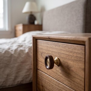 May include: A circular cabinet knob featuring a dark brown wooden outer ring and a smooth, brushed brass centre disc. The knob is mounted on a wooden drawer front, showcasing a combination of natural wood grain and metallic brass hardware.