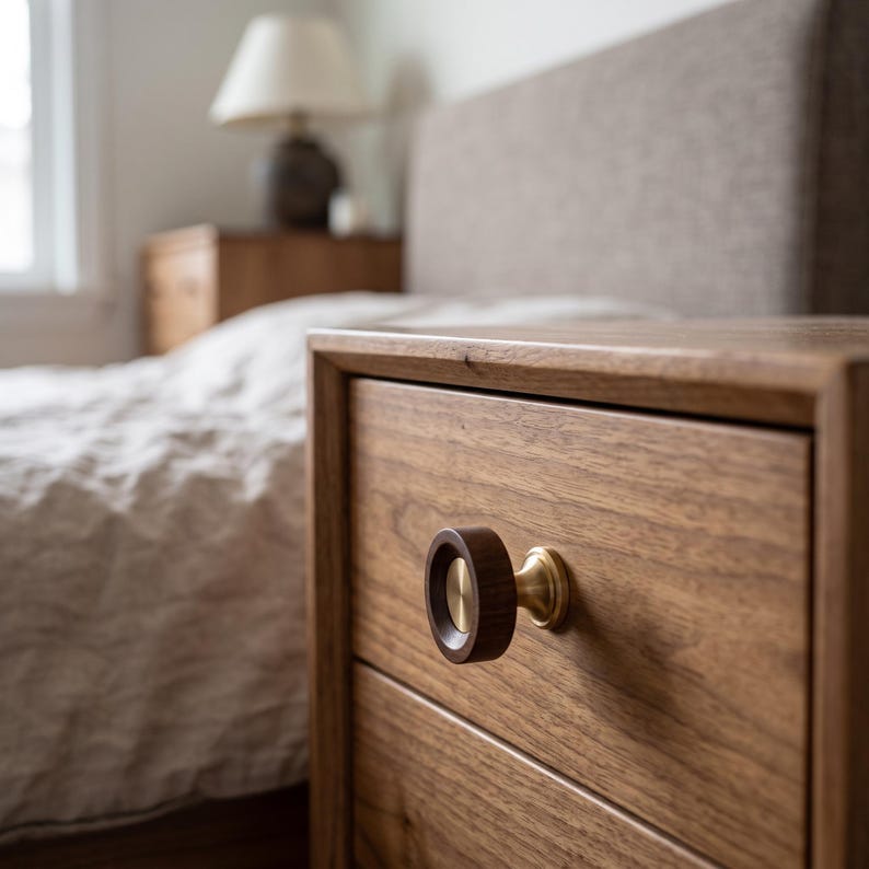 May include: A circular cabinet knob featuring a dark brown wooden outer ring and a smooth, brushed brass centre disc. The knob is mounted on a wooden drawer front, showcasing a combination of natural wood grain and metallic brass hardware.