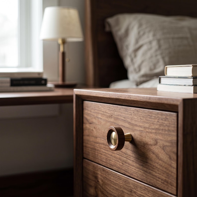 May include: A circular drawer knob featuring a dark brown wood outer ring and a central brushed brass inlay. The knob is mounted on a dark wood drawer front with a visible grain pattern, showcasing a combination of natural wood and metallic elements.