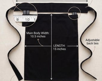 May include: A black apron with a wide headband and adjustable back ties. The main body measures 10.5 inches in width and 15 inches in length. The headband length is 17 inches. It features an integrated elastic loop for stability and breathable fabric.