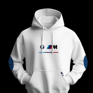 May include: White hoodie with a front pocket and a hood. The hoodie features the BMW logo and the letters "M" in a colorful design. Blue patches are on the elbows.