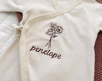 Personalized Newborn Onesie with Birth Flower & Name Embroidery