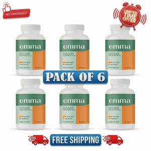 May include: Six white supplement bottles with green and orange labels. The bottles are labeled "emma" and "give your gut a vacation!" The image includes text that says "PACK OF 6", "RECOMMENDED", and "LIMITED TIME OFFER".