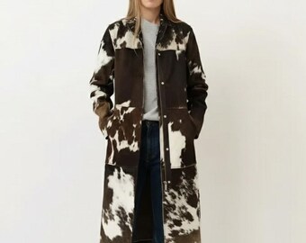 Gabardina larga de piel de vaca para mujer: abrigo de invierno con pelo auténtico, ropa de calle con cinturón