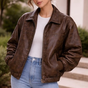 Womens Brown Black Leather Bomber Jacket Classic Fit Elastic Hem Casual Streetwear Outerwear