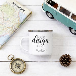 Enamel Mug Mockup Adventure Flatlay | Camping Mug with Map and Van | Travel & Outdoor Product Photo Template