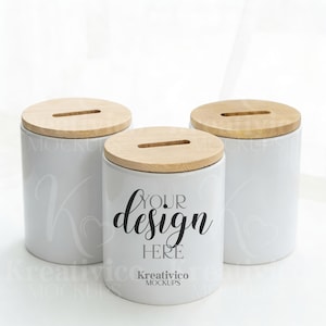 Ceramic Money Box with Bamboo Lid Mockup | Minimalist Money Box | White Savings Container | Sublimation & POD JPEG - digital download