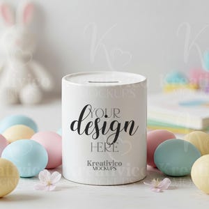 Easter Money Box Mockup | White Ceramic Money Box with Pastel Eggs | Children's Gift Template JPEG