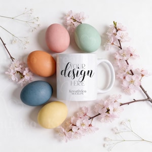 Easter Mug Mockup Pastel | White ceramic mug with colorful eggs & cherry blossoms | Spring Mug Mockup JPEG | Mug Mockup 11oz