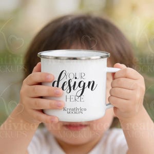 Enamel mug mockup with child | Close-up lifestyle scene | Personalized children's mug template (digital)