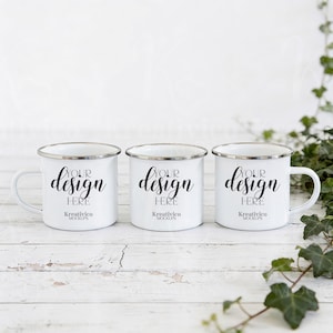 Enamel Mug Mockup Set of 3 Cups | White Metal Mugs with Silver Rim | Minimalist Digital Product Presentation