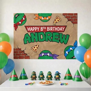 Striscione di compleanno personalizzato con le Tartarughe Ninja, sfondo per festa della pizza, articolo digitale