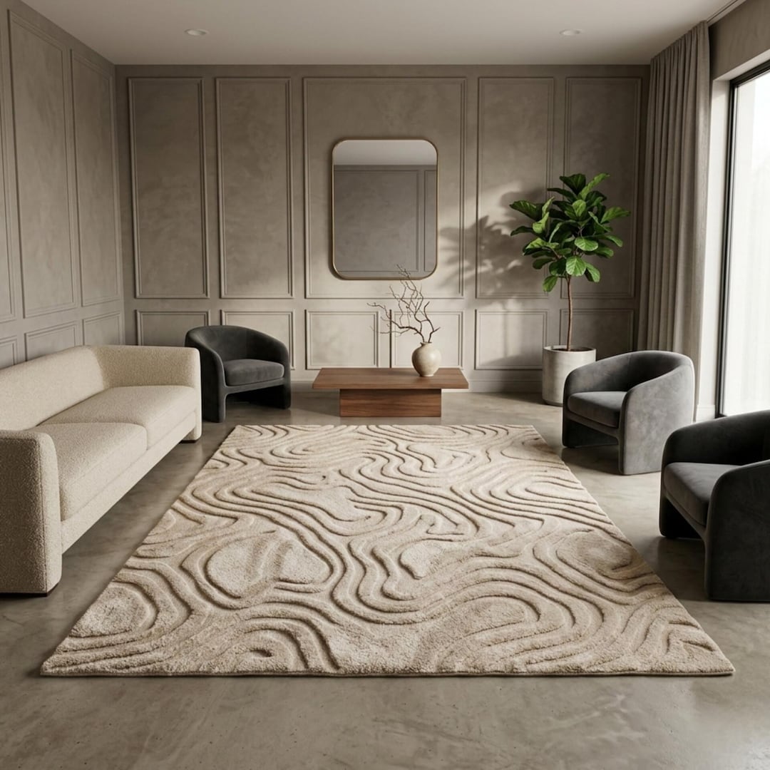 Hand Tufted Wool Abstract Rug, Sculpted Beige Area Carpet, Modern ...