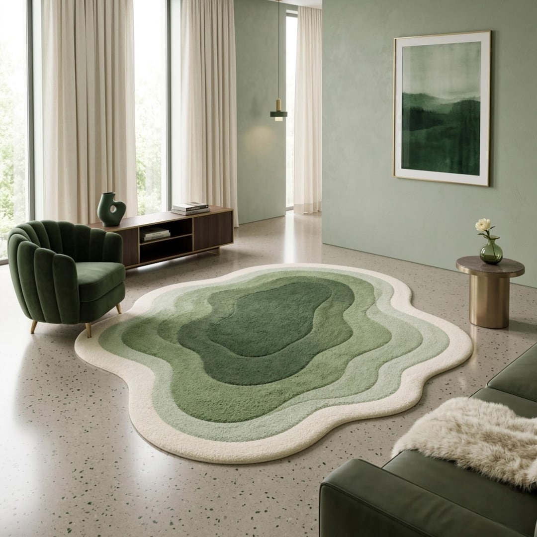 Sage Green Abstract Layered Wavy Wool Rug – Hand Tufted Living Room ...