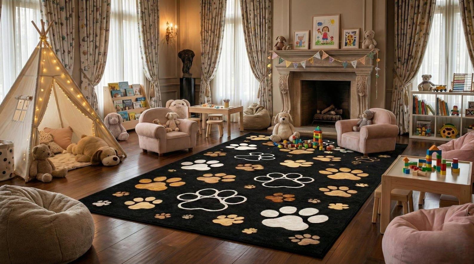 Kids Paw Print Wool Rug, Black Playroom Carpet, Neutral Animal Paws - Etsy